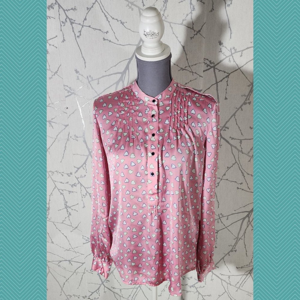 Koton Pink Hearts Printed Satin Pleated Popover Blouse